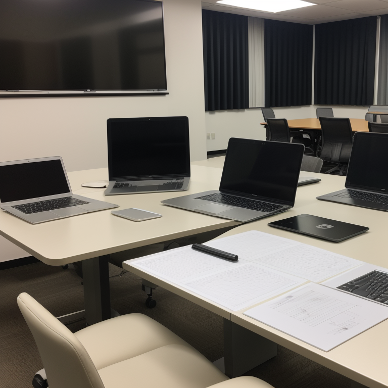 Professional team meeting around a conference table with laptops, planning documents, and trade show materials spread across the surface illustration
