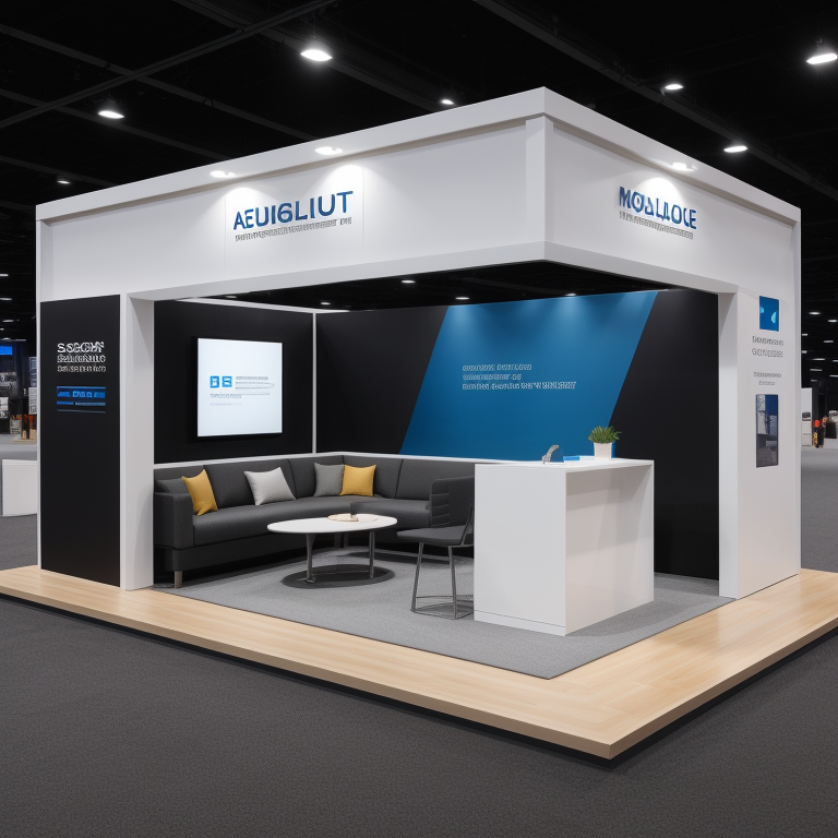 Modern, well-designed trade show booth with sleek branding, interactive displays, comfortable seating areas, and engaged visitors speaking with company representatives illustration