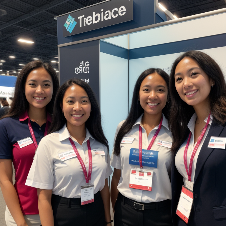 Professional team of diverse staff members in matching branded attire, standing confidently in front of a trade show booth, smiling and ready to engage with visitors illustration