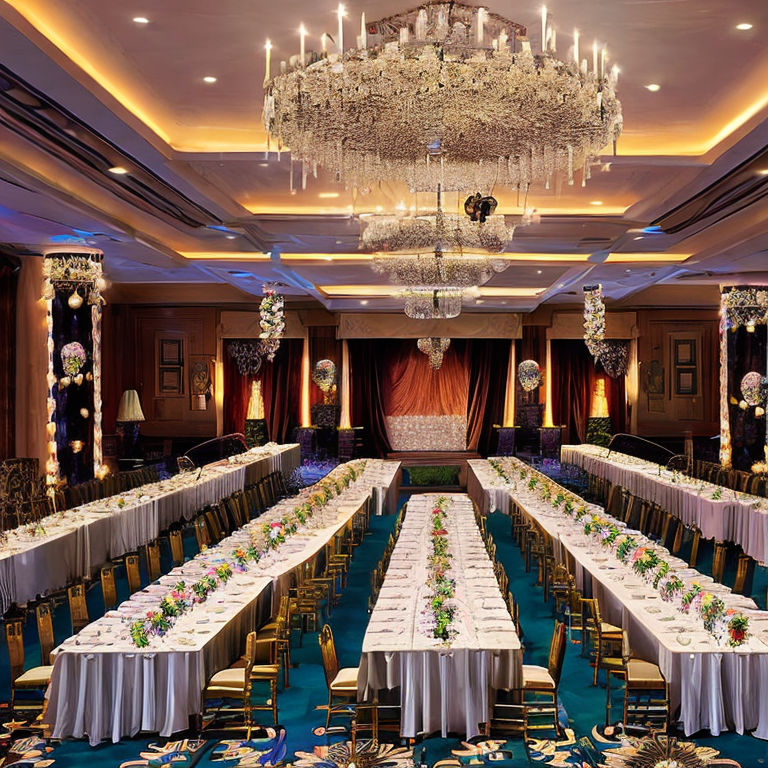 Elegant ballroom at Leela Palace with crystal chandeliers and corporate setup illustration