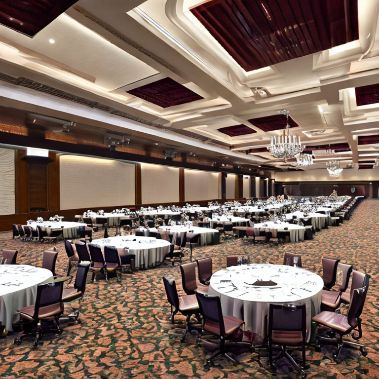 Spacious conference hall at ITC Grand Chola with modern lighting and setup illustration