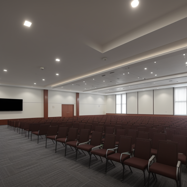 Interior view of a modern conference hall in Chennai with state-of-the-art audio-visual equipment illustration